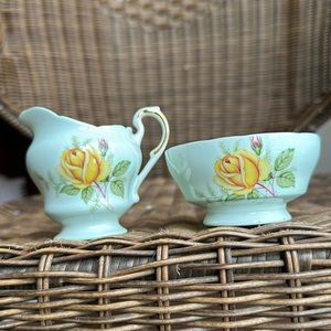 Vintage Paragon Fine Bone China cream & sugar, gold trim, yellow rose pattern